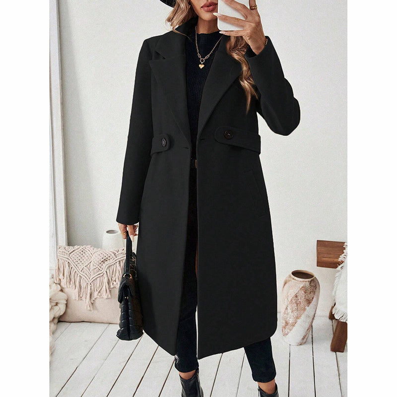 Women's Notch Lapel Trench Coat, Single Breasted Mid-Long Casual Formal Outerwear For Fall Winter