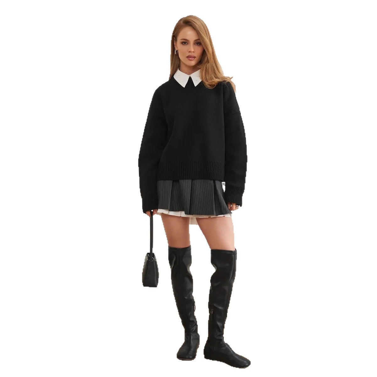 Relaxed Laid-back Short Knit Long-sleeve Crewneck Pullover