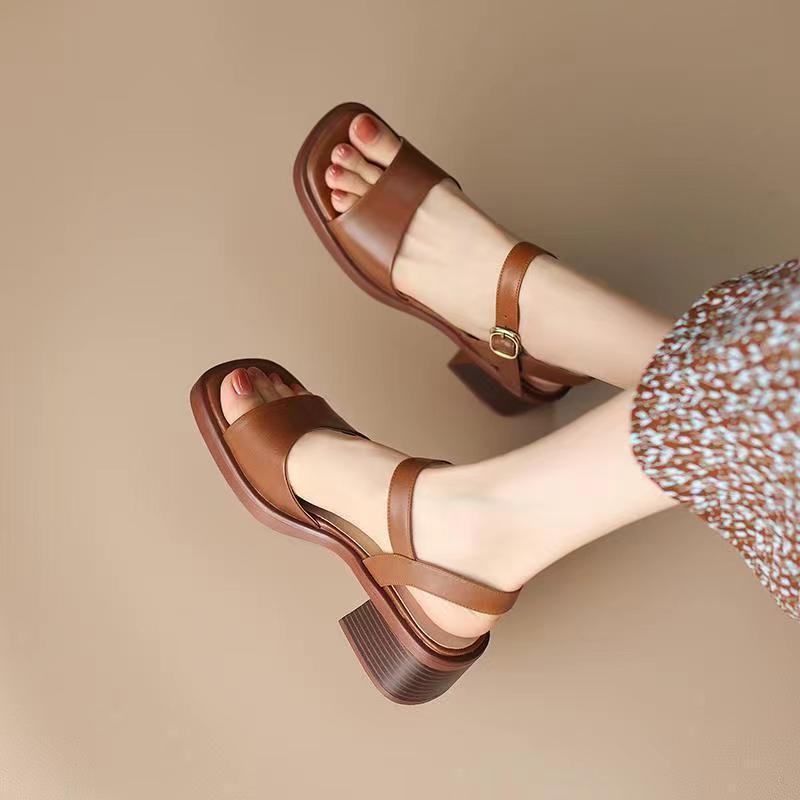 Real Soft Leather French Sandals Female Square Toe