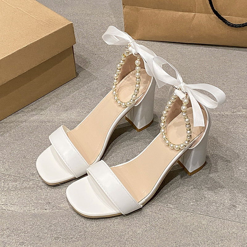 Summer New Pearl Bow Buckle Open Toe Chunky Heel All-match Sandals