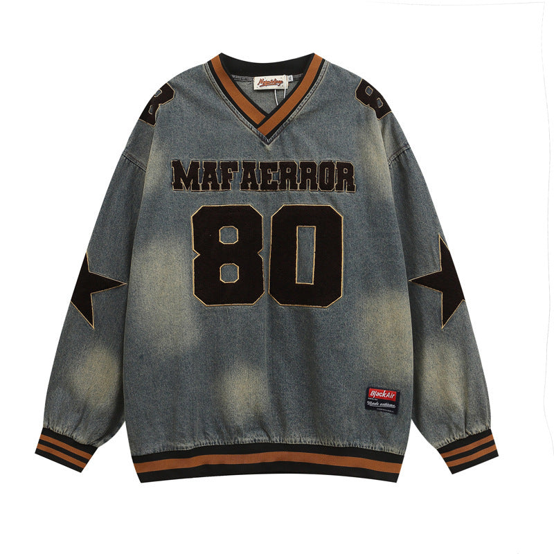 National Tide Five-pointed Star Letter Flocking Embroidered V-neck Denim Hoodie