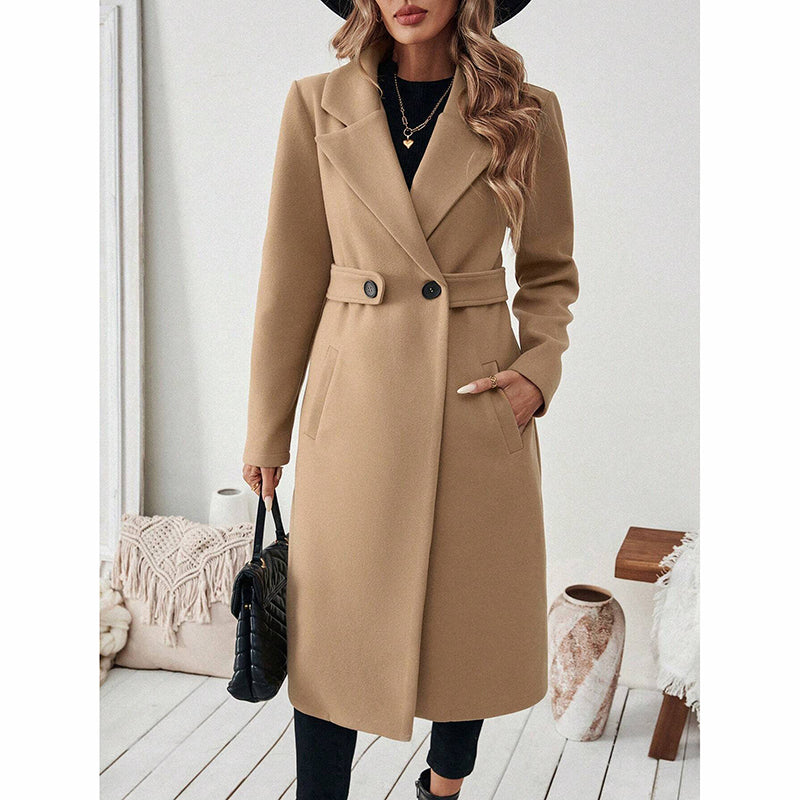 Women's Notch Lapel Trench Coat, Single Breasted Mid-Long Casual Formal Outerwear For Fall Winter