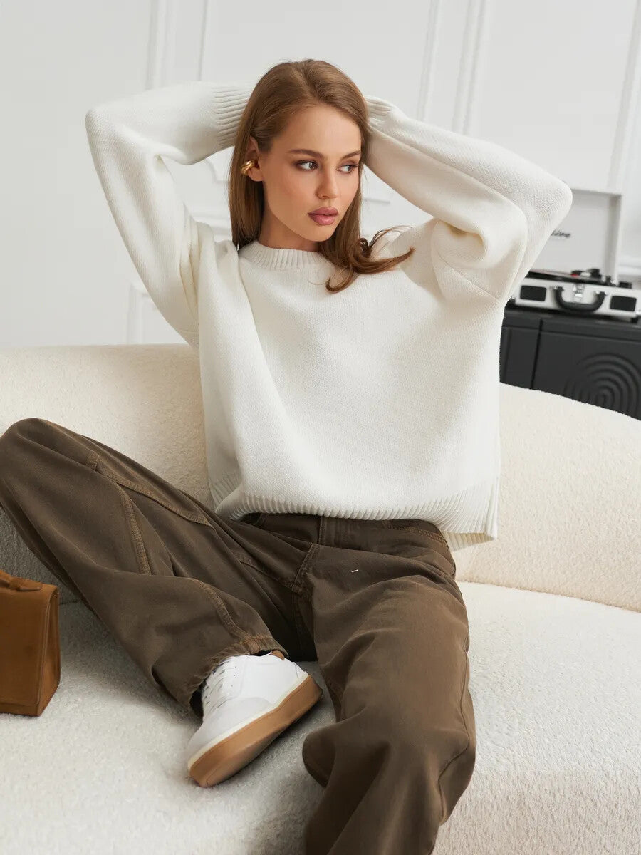 Relaxed Laid-back Short Knit Long-sleeve Crewneck Pullover