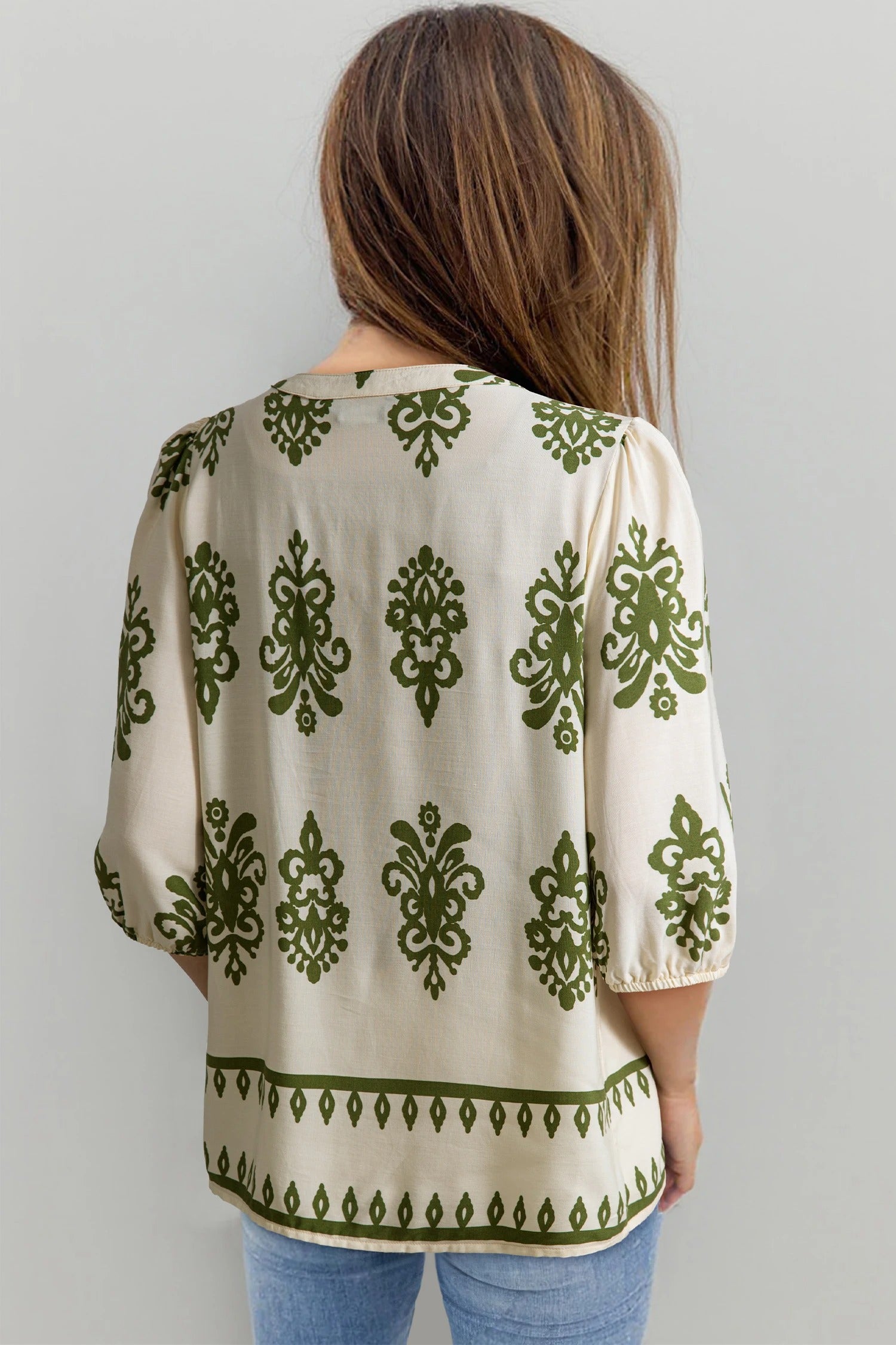 Apricot Floral Print Tie V Neck Button Down Puffy Half Sleeve Shirt