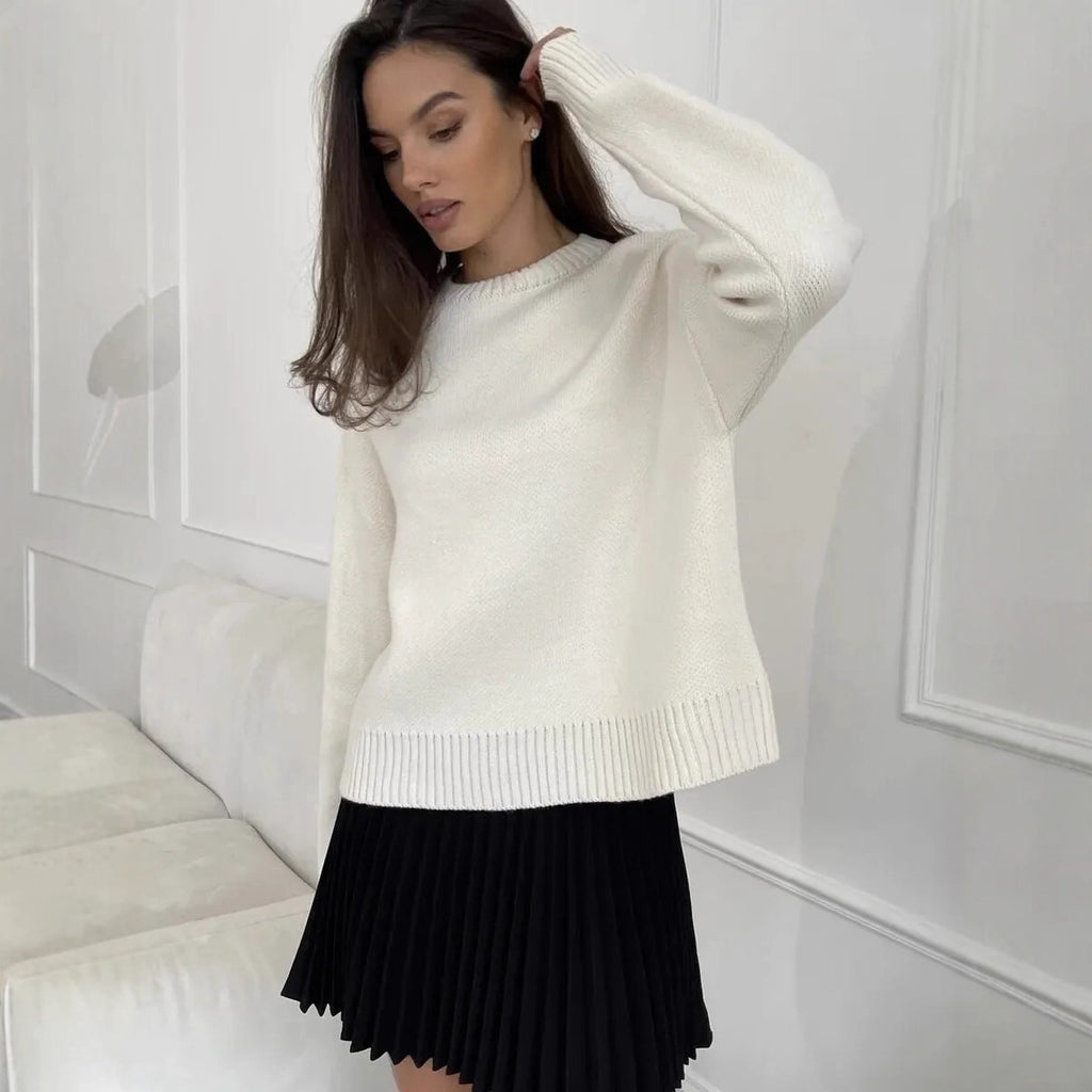 Relaxed Laid-back Short Knit Long-sleeve Crewneck Pullover