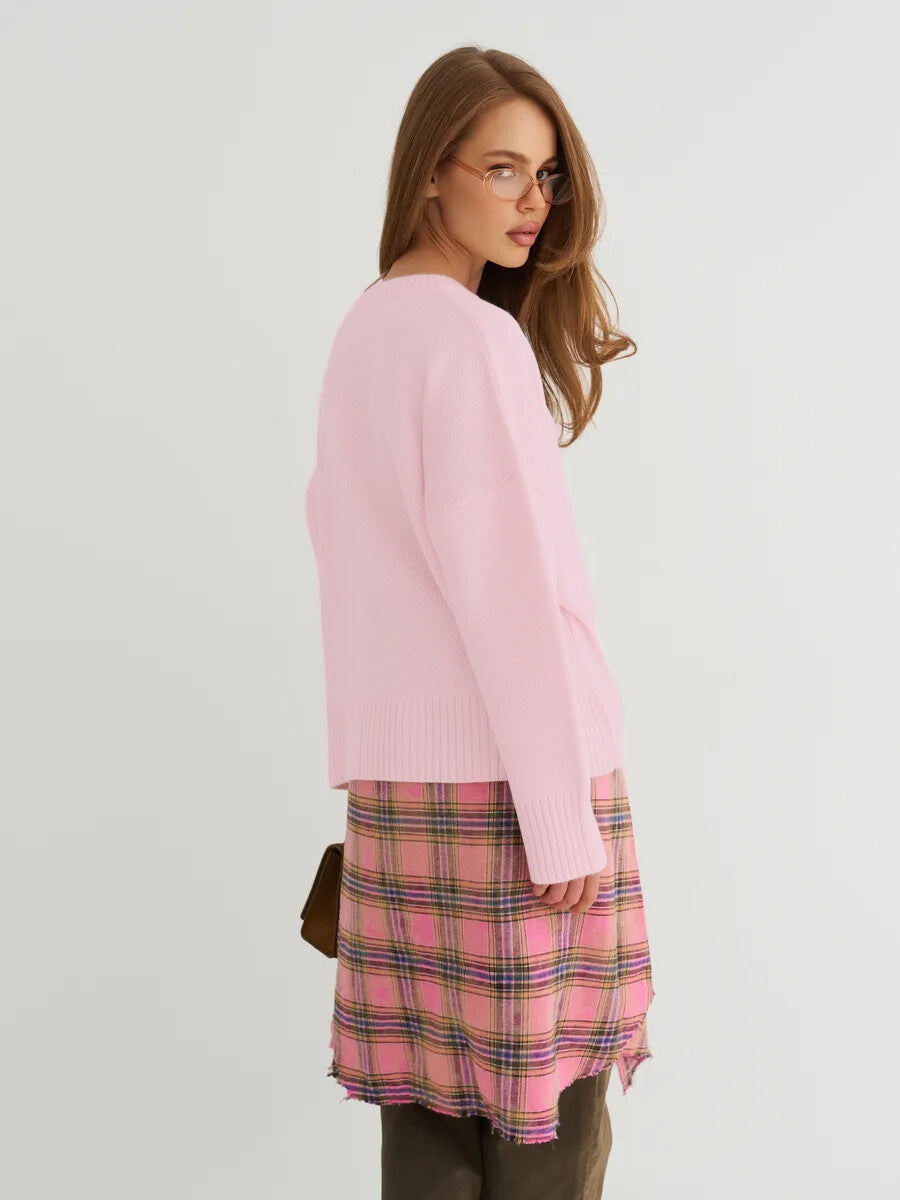 Relaxed Laid-back Short Knit Long-sleeve Crewneck Pullover