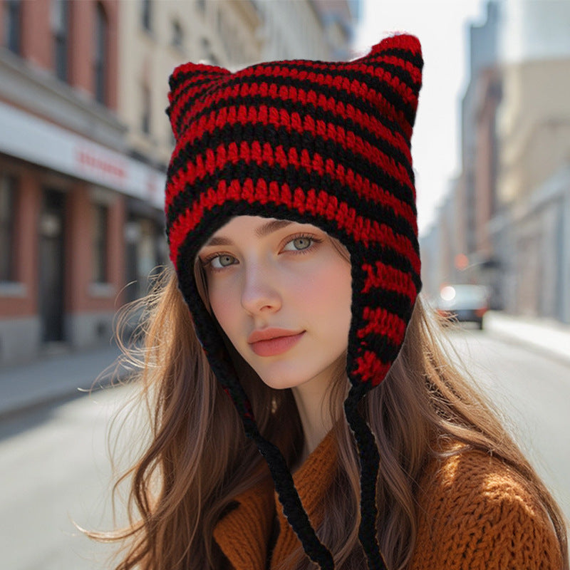 Hand-knitted Striped Cat Hat