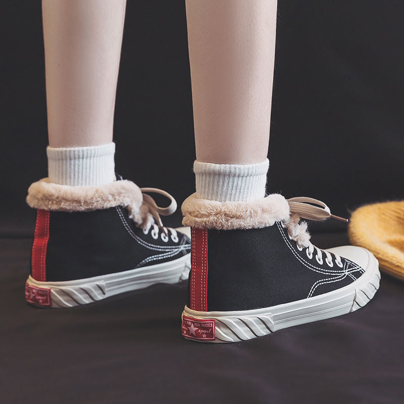 Women's Warm Black Winter Thick Flat High-top With Velvet Canvas Shoes