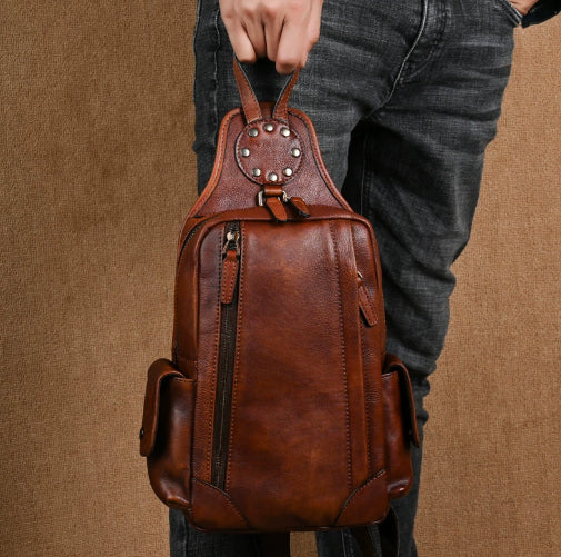 Vintage Men's Chest Crossbody Bag Genuine Leather Man Bag