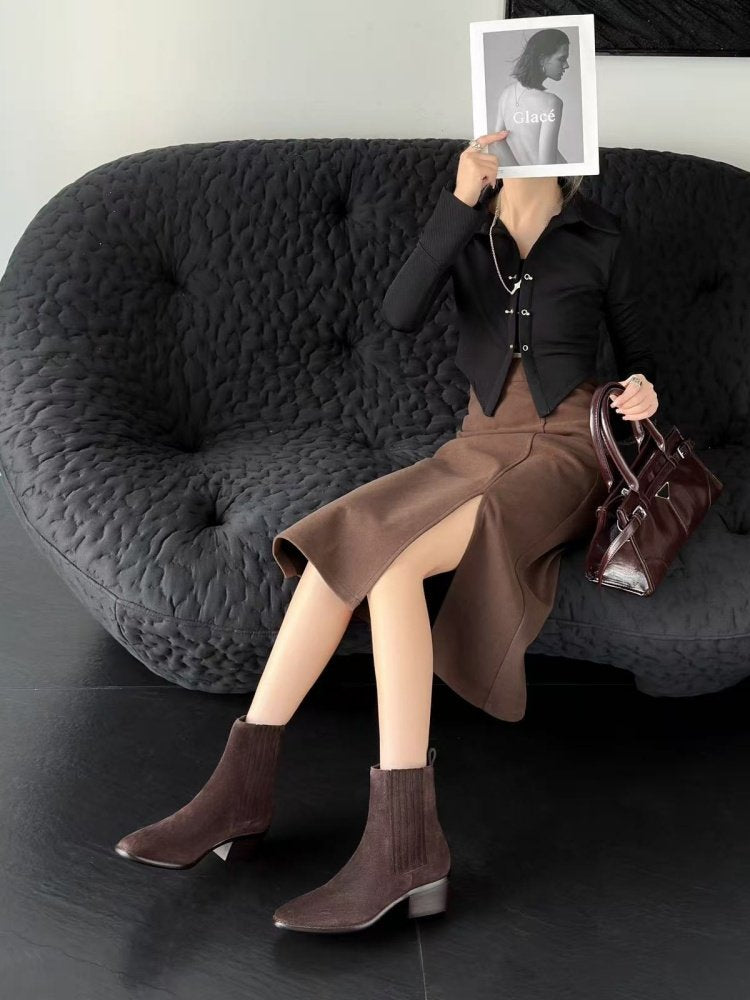 Mid-heel Chunky-heel Retro Square-toe Matte Leather Womens Boots