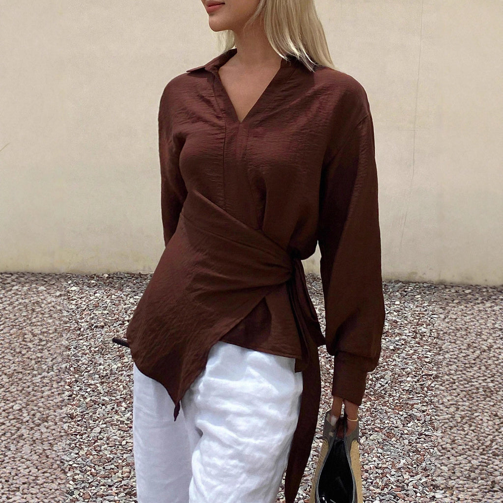 Womens Loose, Casual, Retro, Asymmetrical, Solid-Color Shirt With Ties