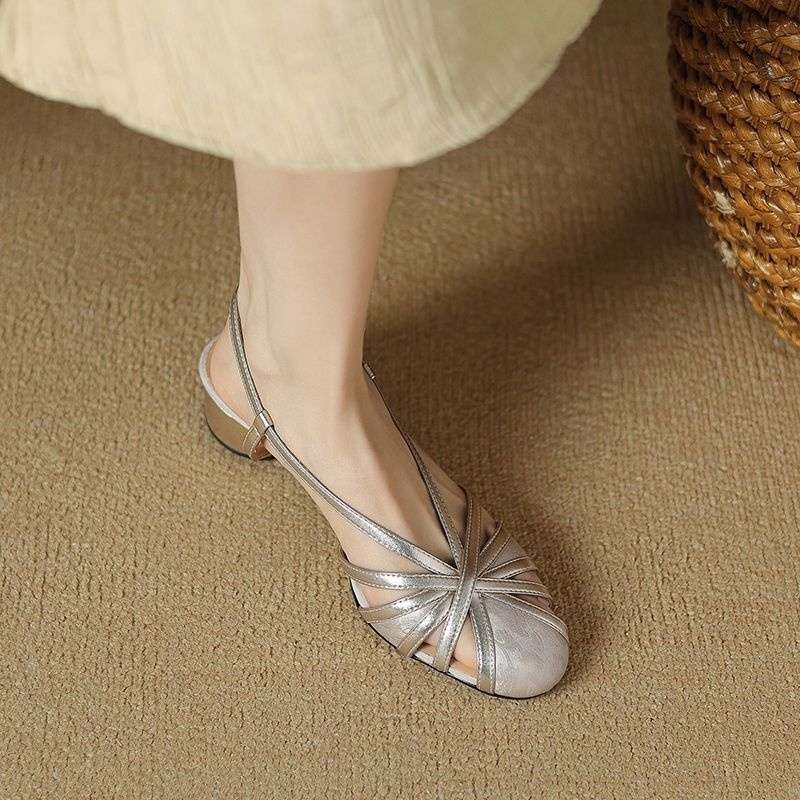 Retro New Chinese Style Round Head Chunky Heel Sandals