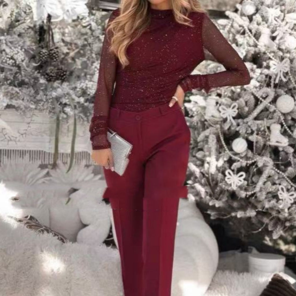 Womens Casual Slim-Fit Top With Mesh Sleeves And A Crew Neck