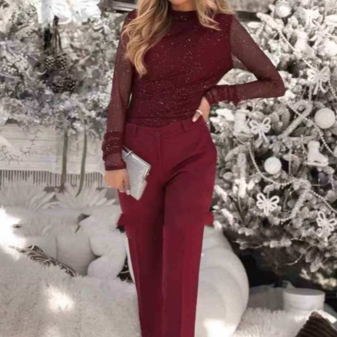 Womens Casual Slim-Fit Top With Mesh Sleeves And A Crew Neck