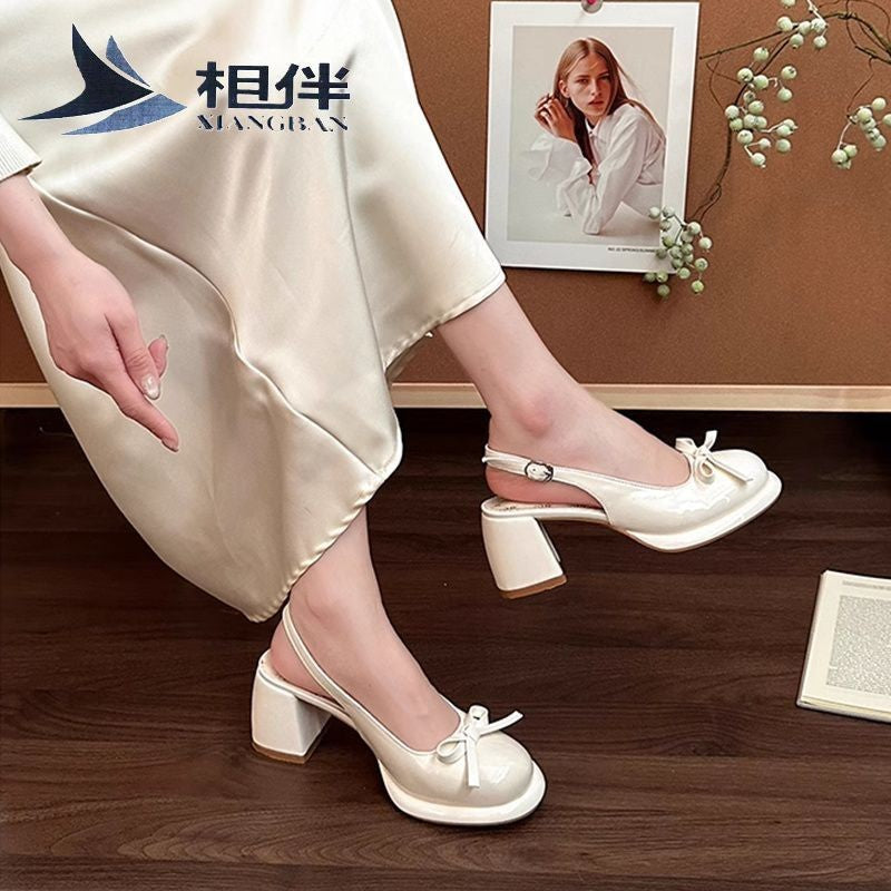 Summer New All-match Bow Satin Toe Cap Slingback Sandals