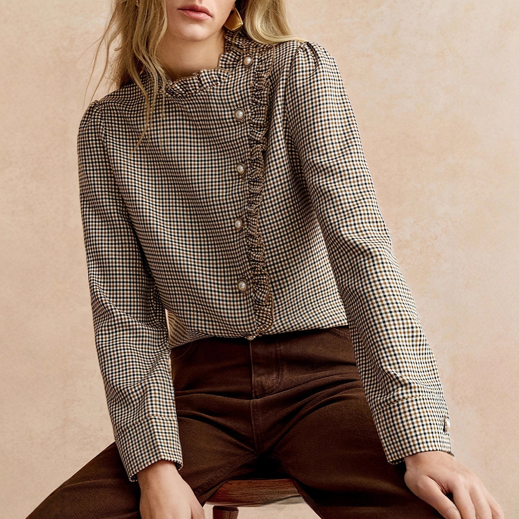 Houndstooth Ruffled Small Stand-up Collar Side-button-front Shirt