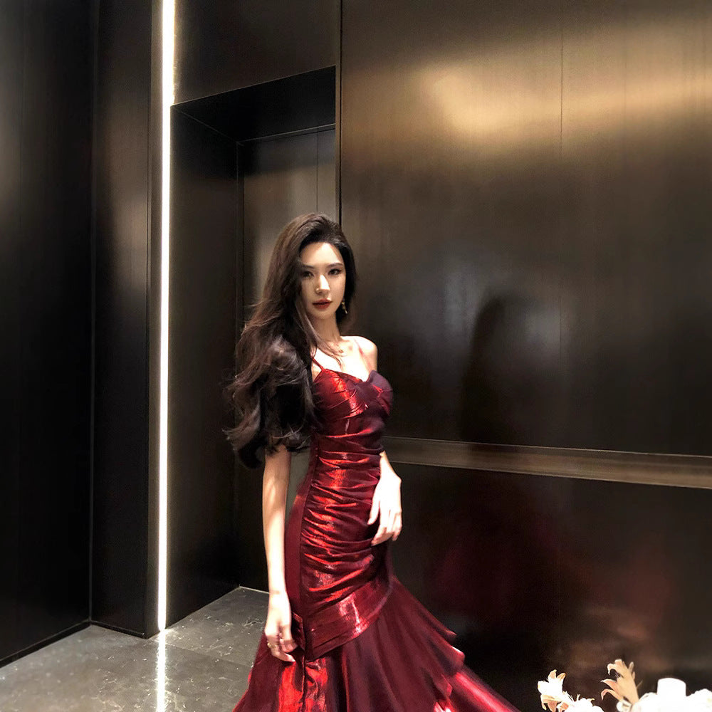 French-style Red Slip Dress For Christmas And New Year