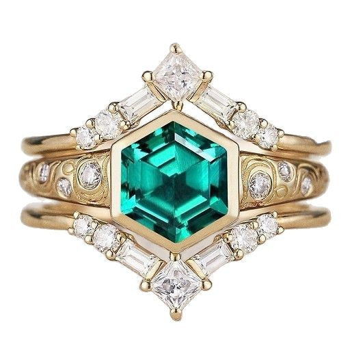 Stylish Hexagonal Green Diamond Womens Ring