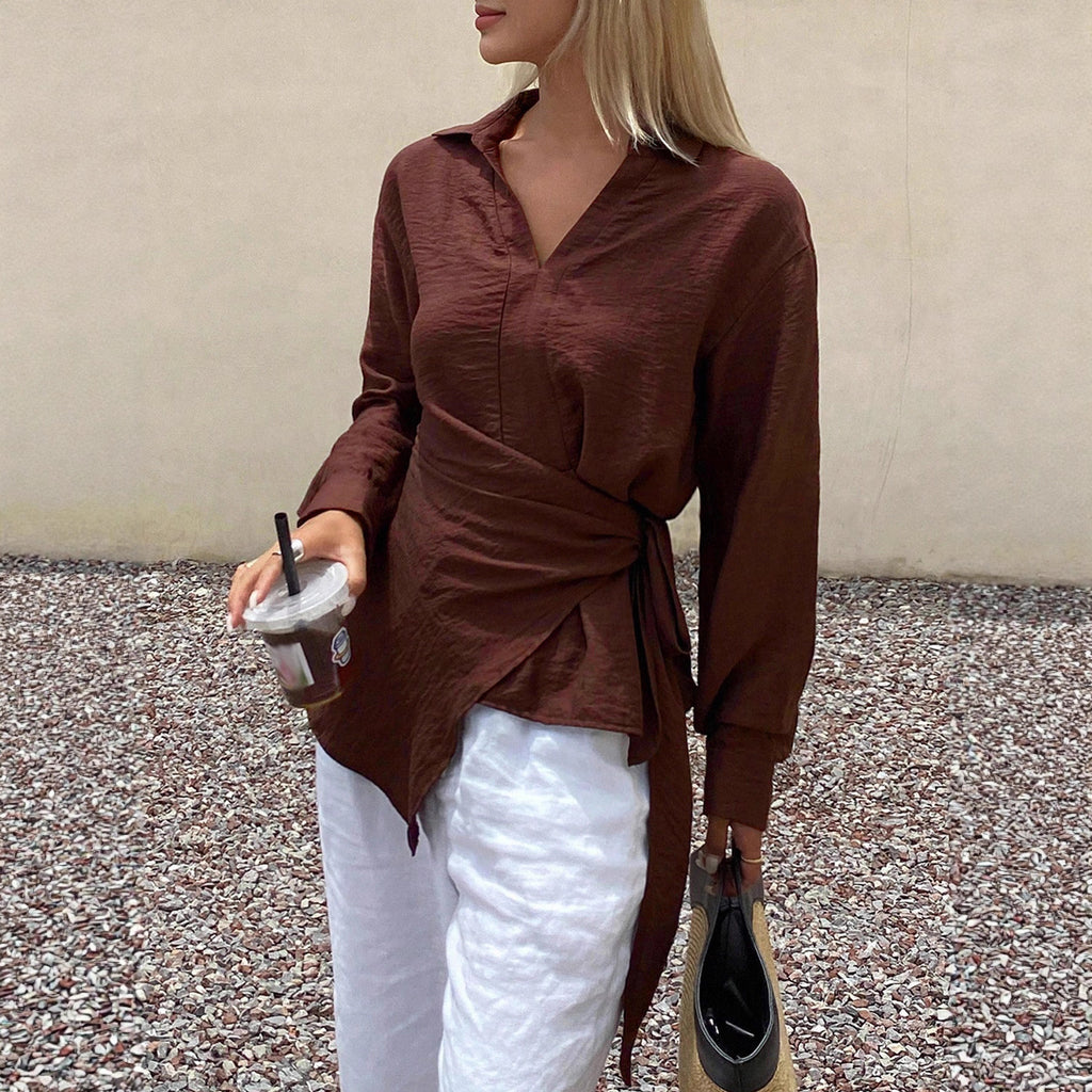 Womens Loose, Casual, Retro, Asymmetrical, Solid-Color Shirt With Ties