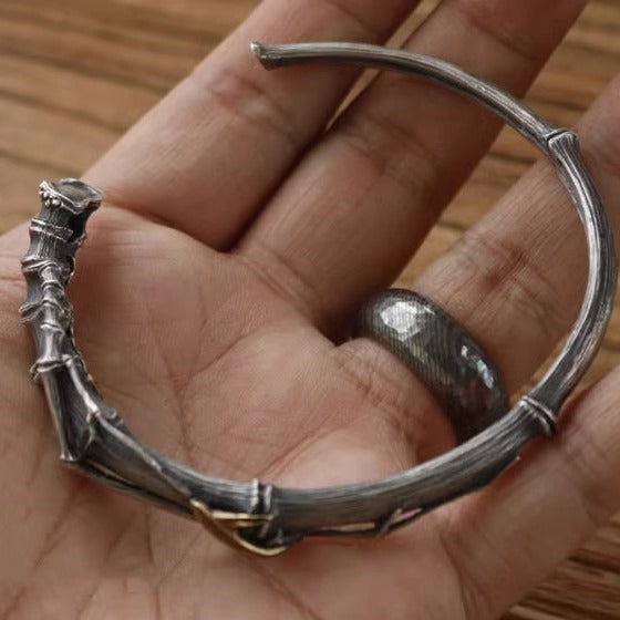 Shique Jewelry Handmade Men's Vintage Silver Aged Brass Inlaid Bamboo Joint Open Bracelet