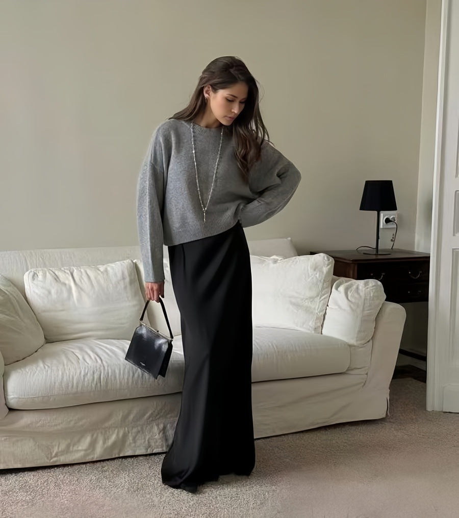 Relaxed Laid-back Short Knit Long-sleeve Crewneck Pullover