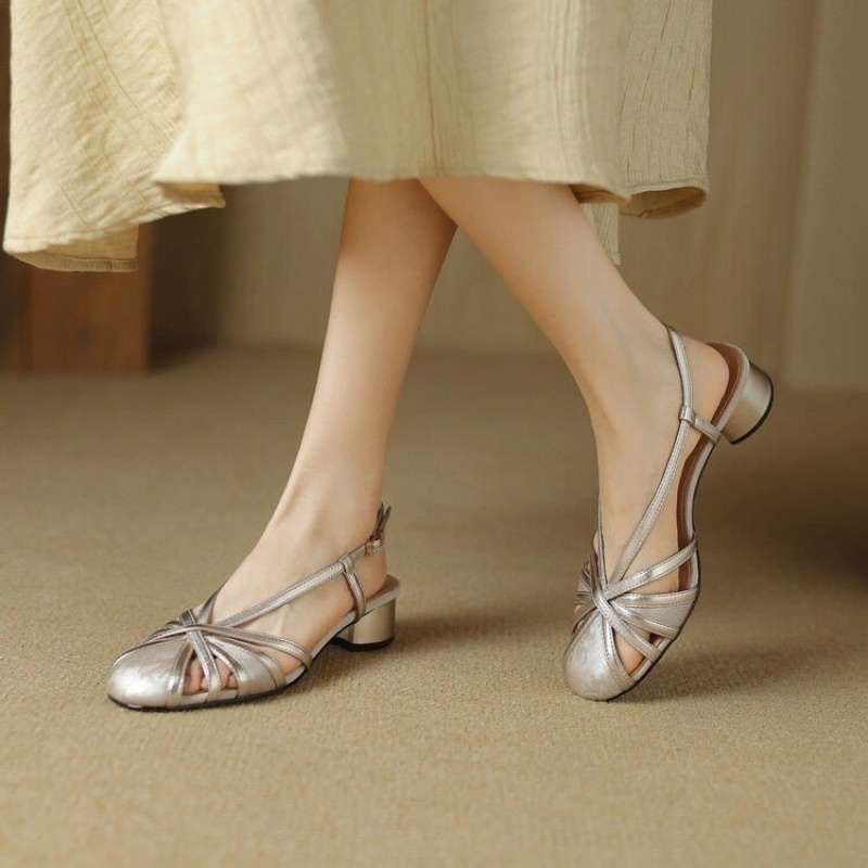 Retro New Chinese Style Round Head Chunky Heel Sandals