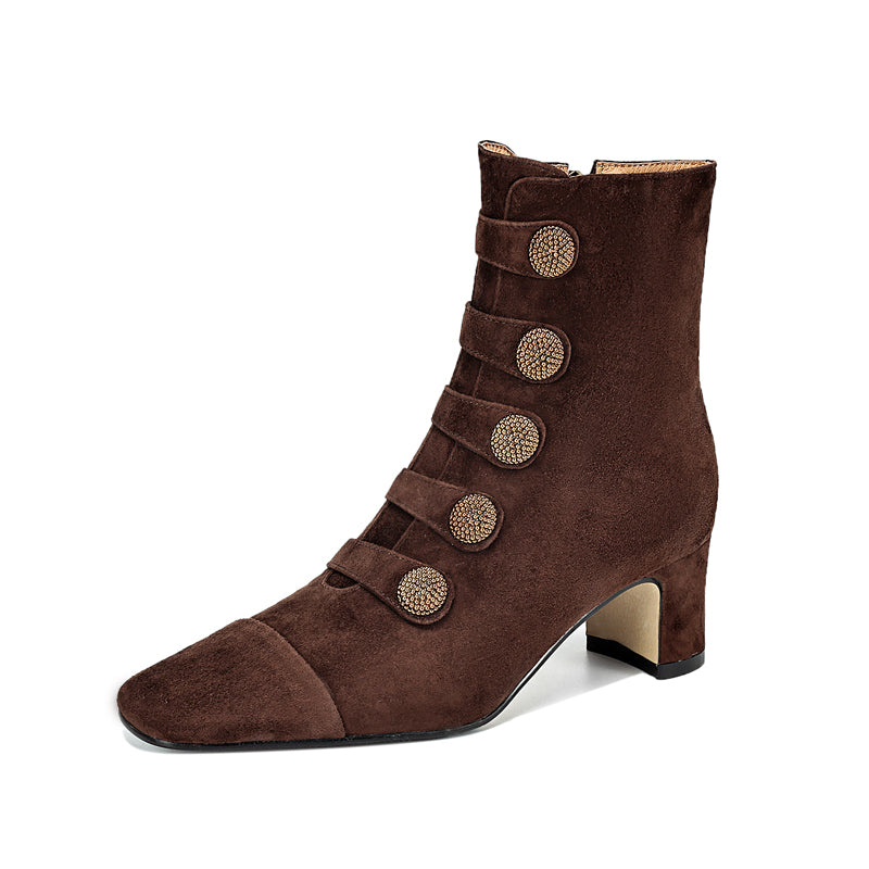 Retro High-heeled Ankle Boots For Women New Autumn Style Suede Round Toe Side Zipper Chunky Heel
