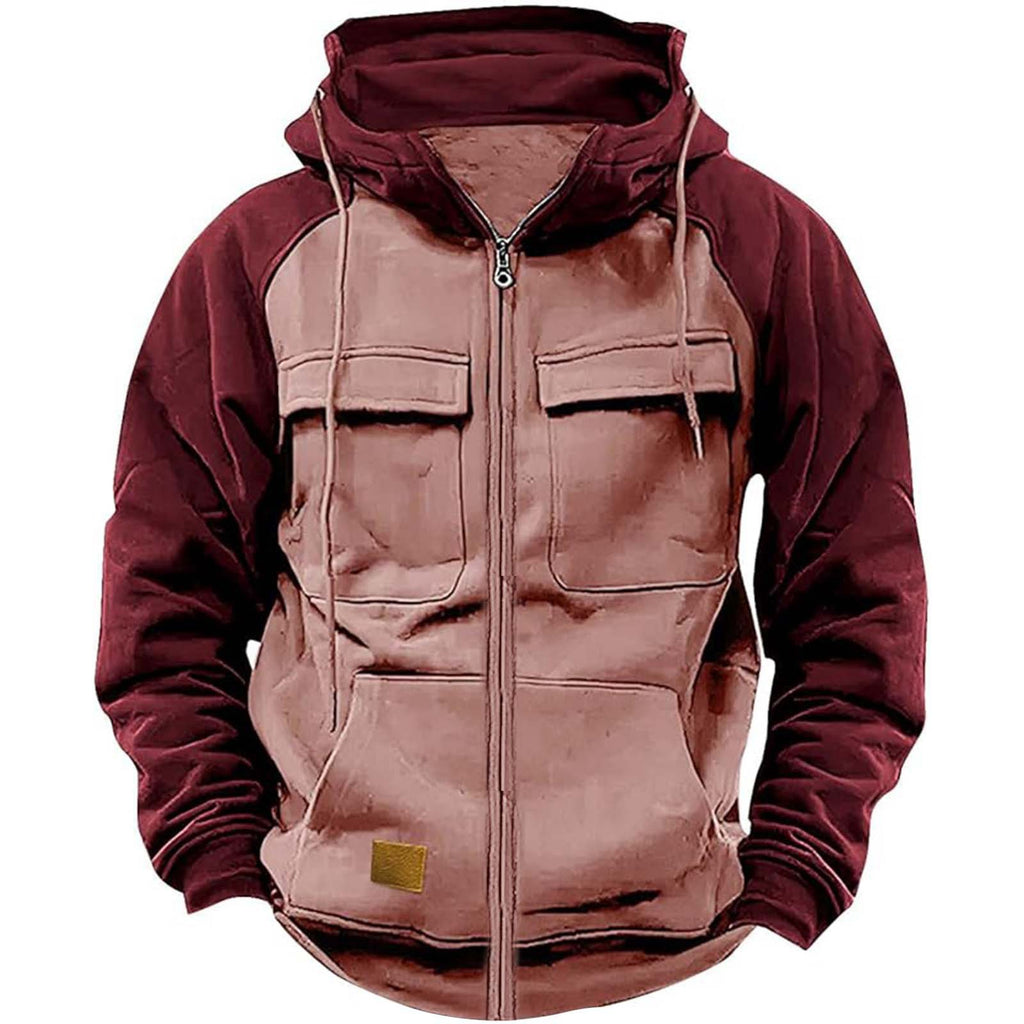 Men's Hooded Solid Color Youth Sports Multi-pocket Patch Hoodie
