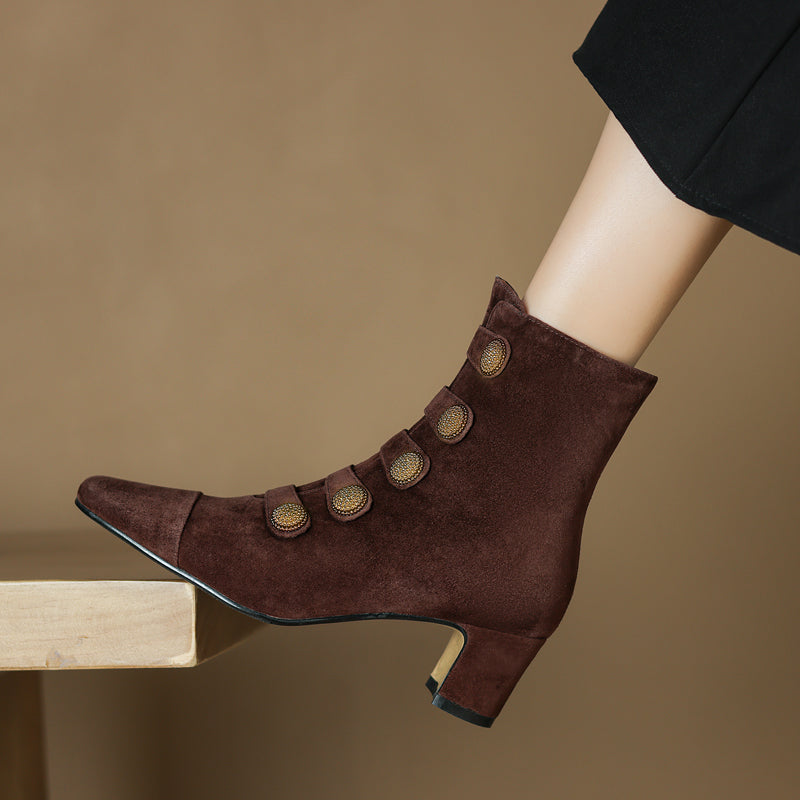 Retro High-heeled Ankle Boots For Women New Autumn Style Suede Round Toe Side Zipper Chunky Heel