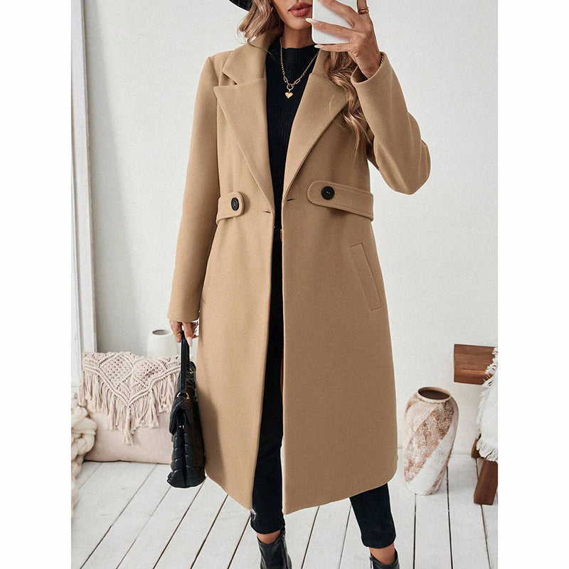 Women's Notch Lapel Trench Coat, Single Breasted Mid-Long Casual Formal Outerwear For Fall Winter