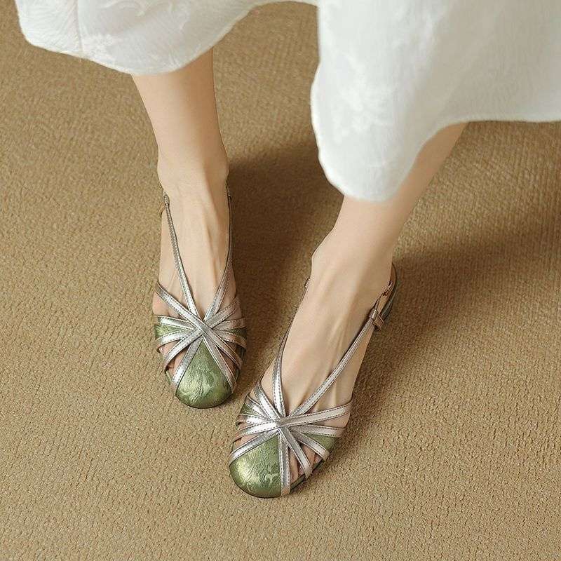 Retro New Chinese Style Round Head Chunky Heel Sandals