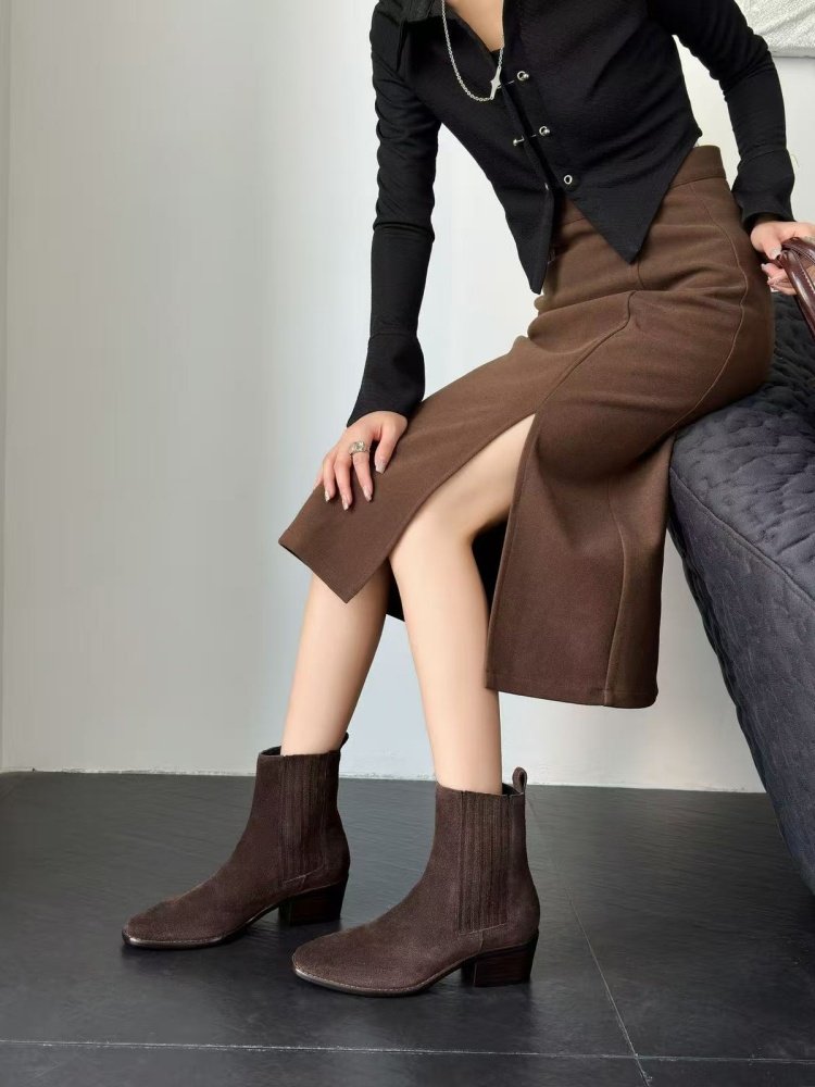 Mid-heel Chunky-heel Retro Square-toe Matte Leather Womens Boots