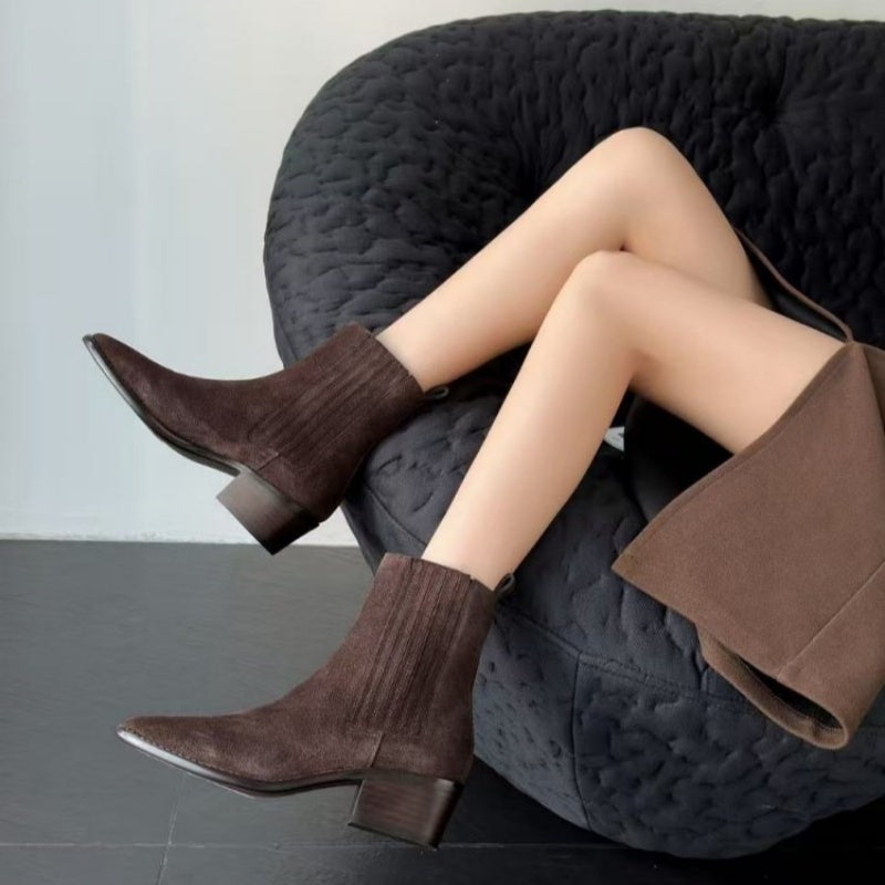 Mid-heel Chunky-heel Retro Square-toe Matte Leather Womens Boots