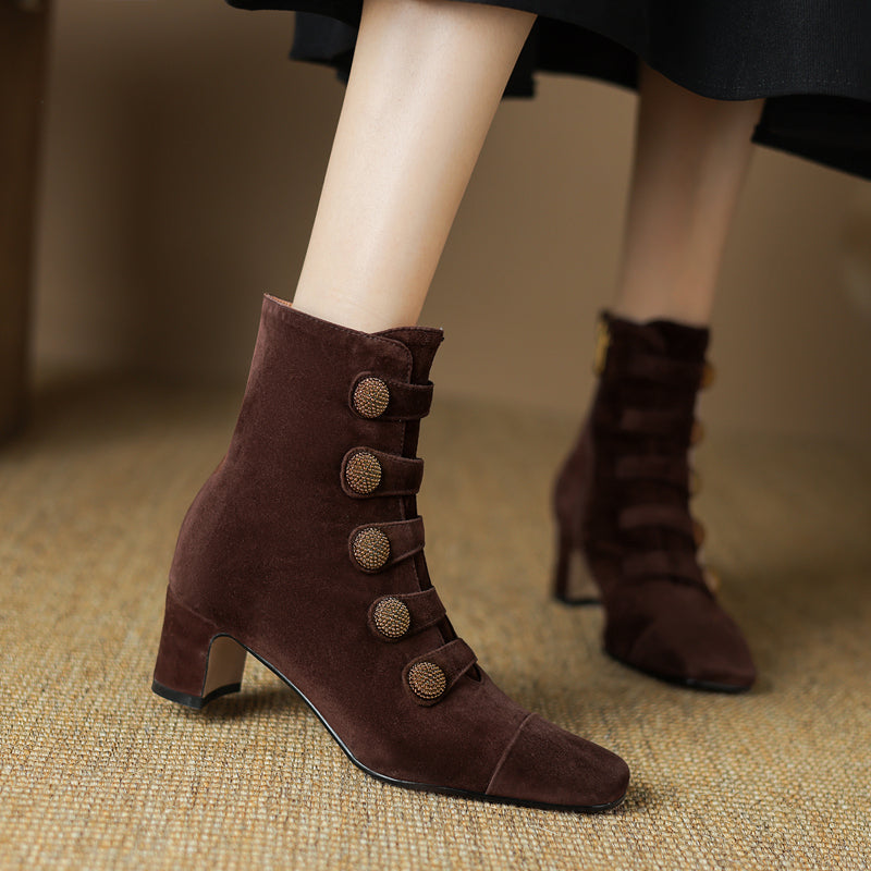 Retro High-heeled Ankle Boots For Women New Autumn Style Suede Round Toe Side Zipper Chunky Heel